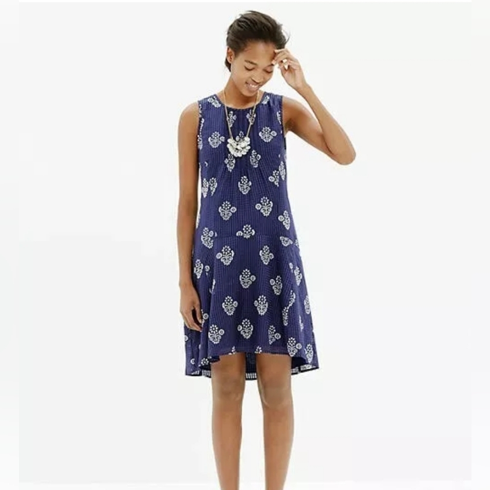 Madewell Women's Skyscape Floral Block Print‎ Silk Popover Dress in Blue Size S